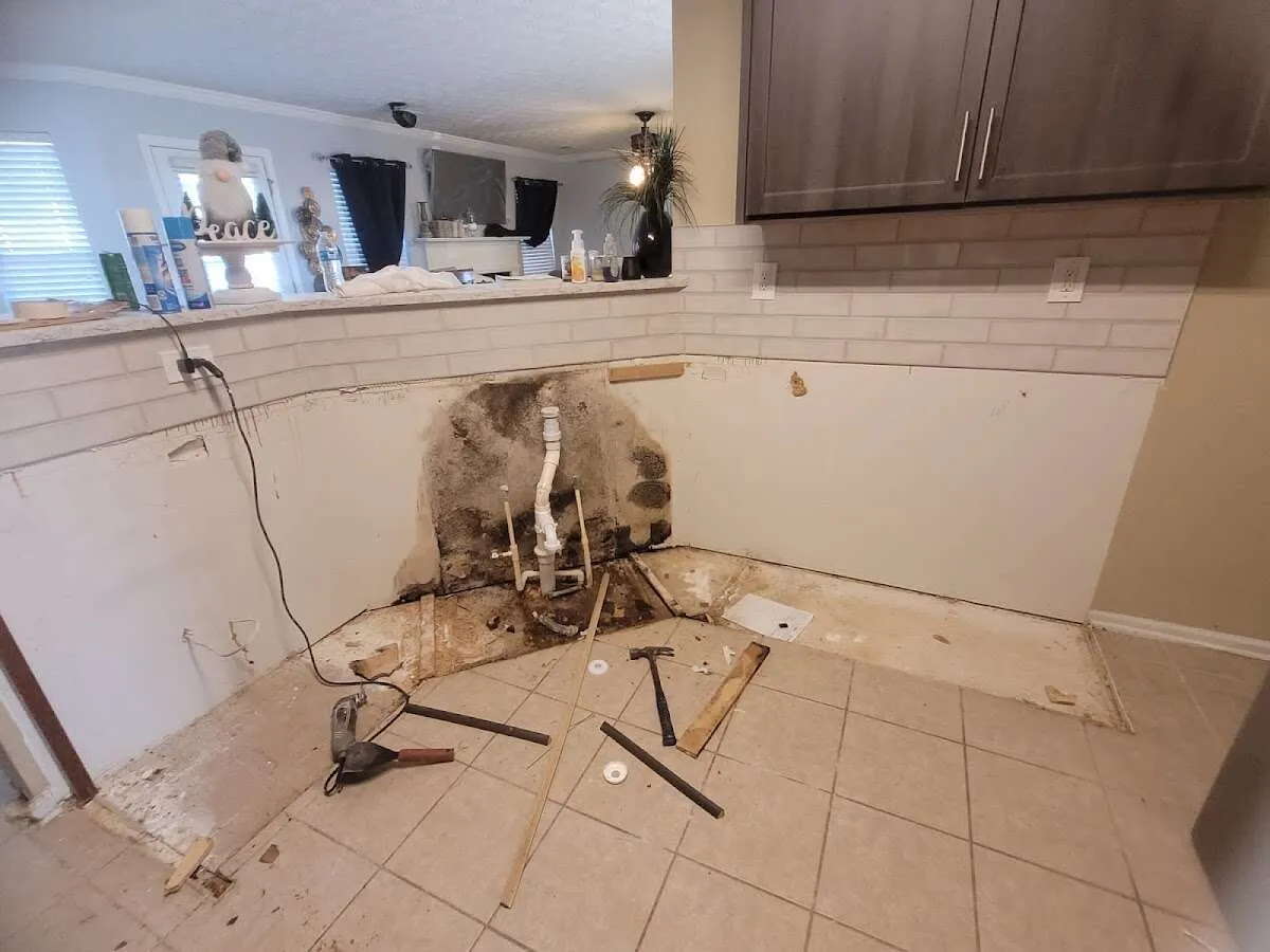 Mold behind wall with plumbing during Flood Damage Cleanup in Vancouver